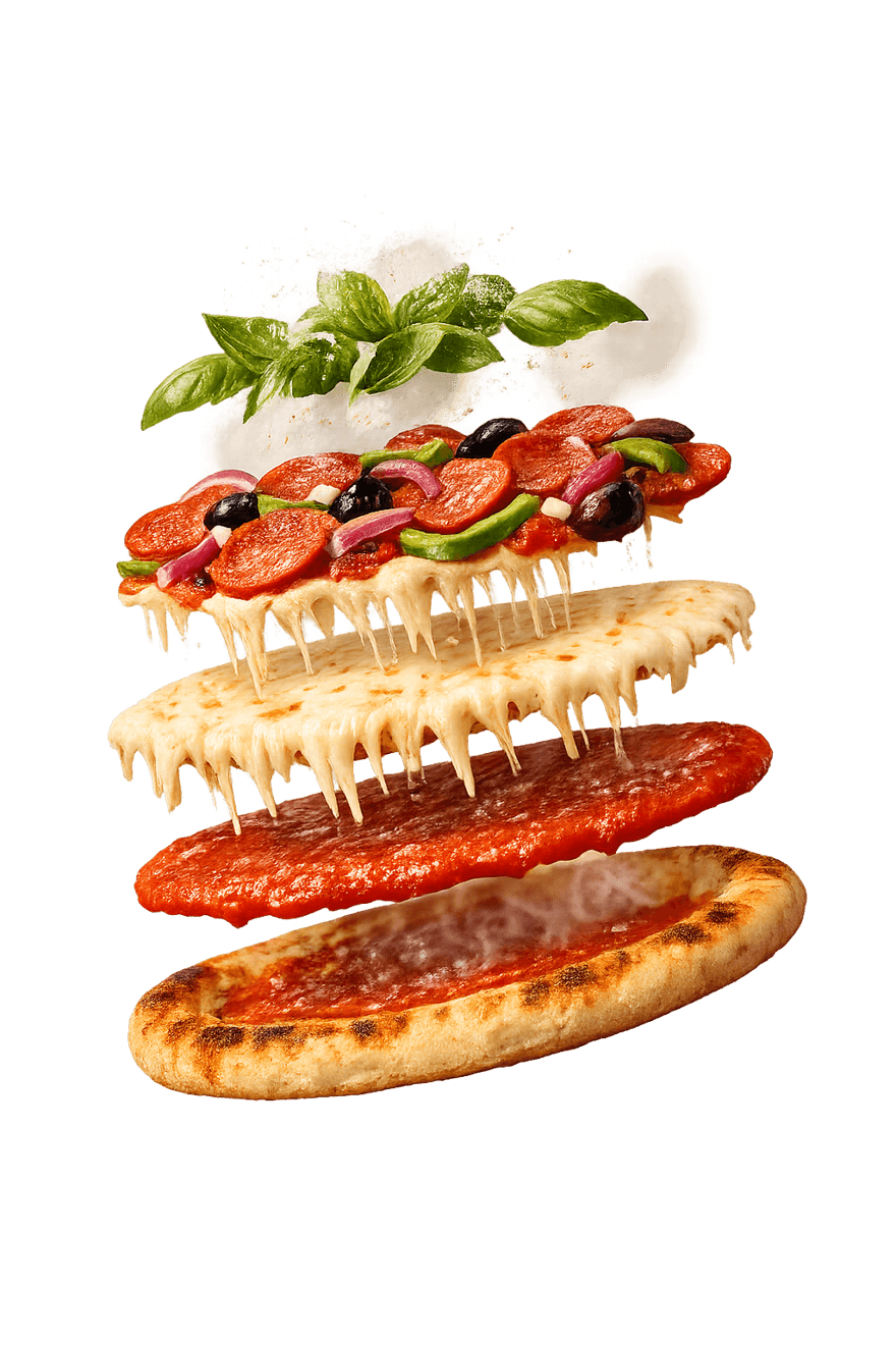 Pizza tilted mid-air with crust, sauce, cheese and toppings floating apart in layers